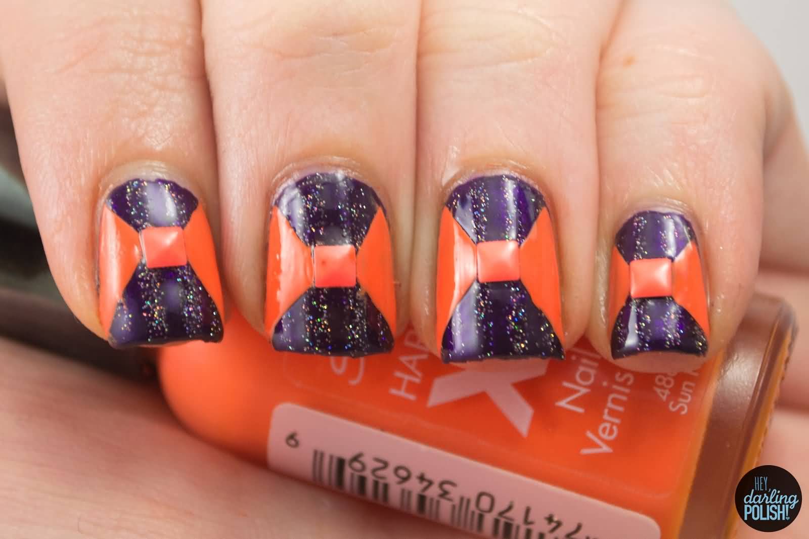 Purple Base Nails With Orange Bow Design Nail Art