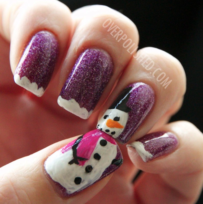 Purple Gel And Snowman Christmas Nail Art