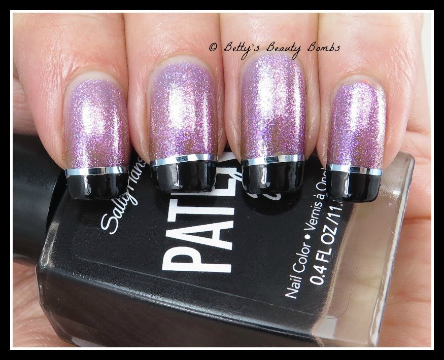 Purple Glitter Gel Nails With Black Tip And Silver Striping Tape Nail Art Design