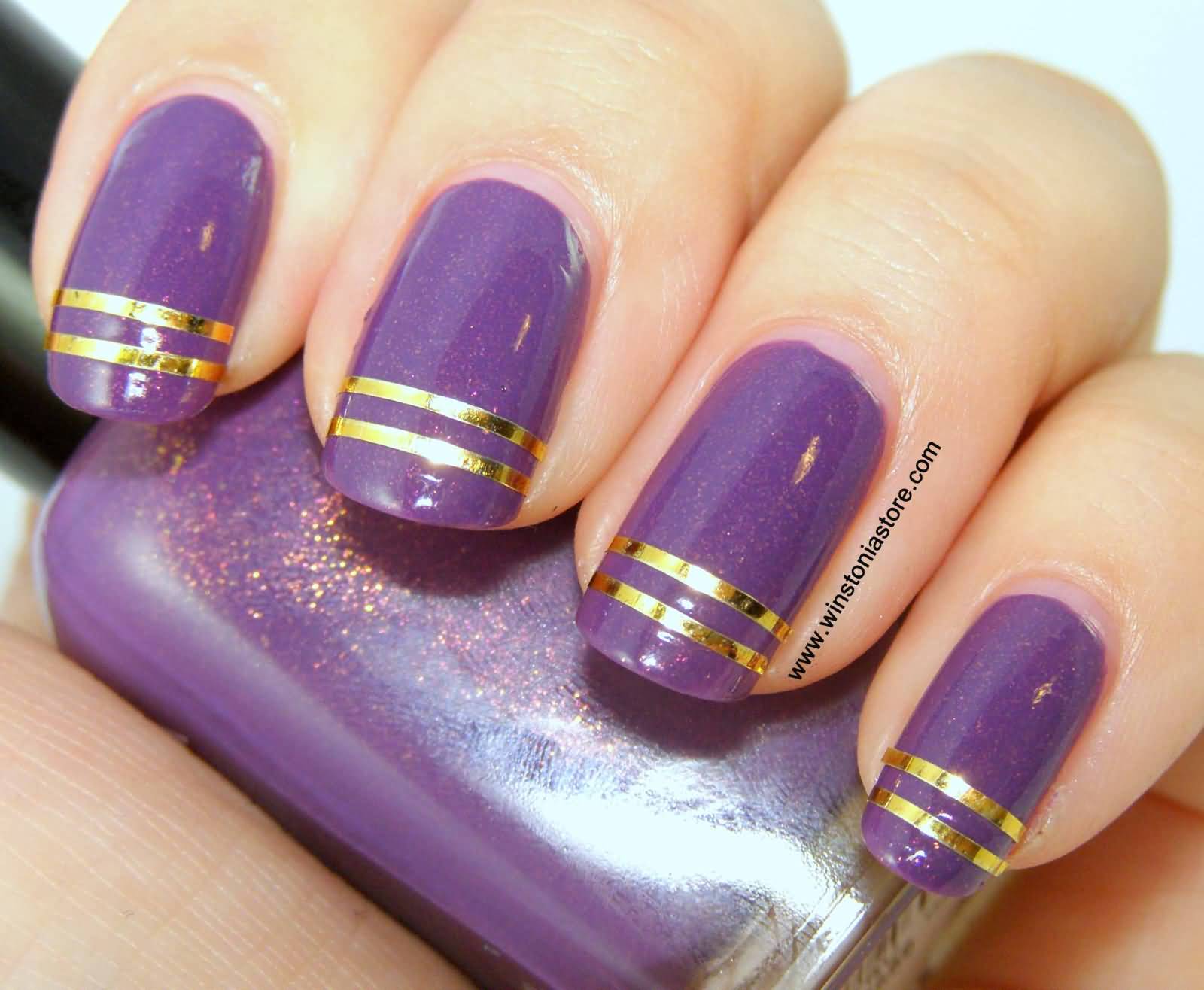 Purple Glitter Gel Nails With Golden Striping Tape Nail Art