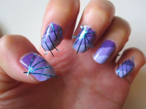 Purple Nails With Green Striping Tape Nail Art