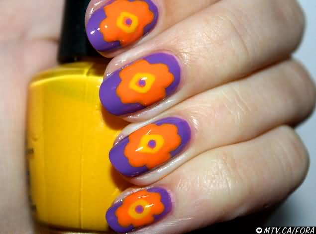 Purple Nails With Orange Flowers Nail Art