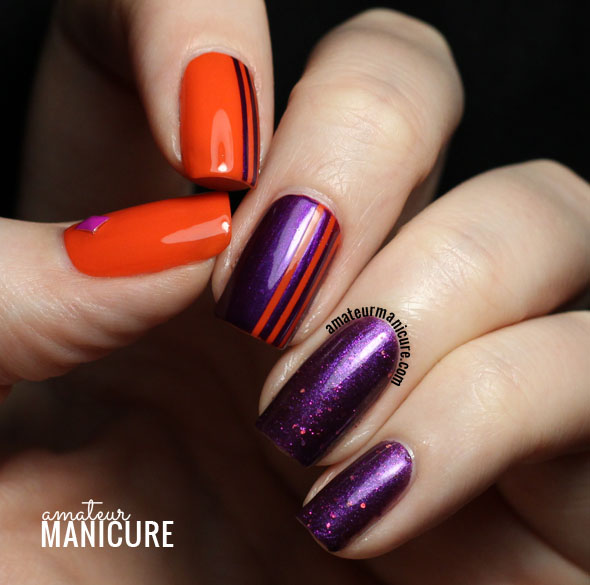 Purple Nails With Orange Stripes Design Nail Art