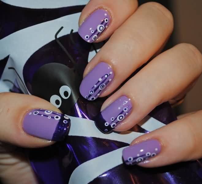 Purple Short Nail Art With Polka Dots Design