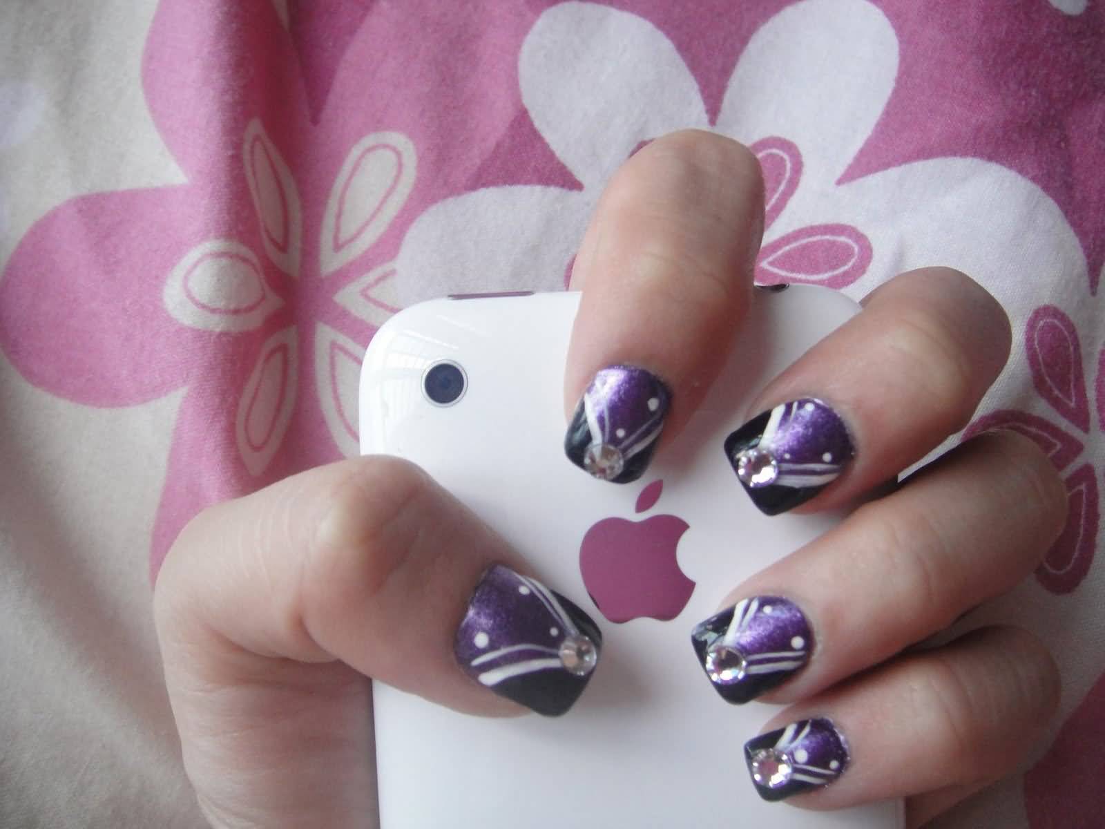 Purple Short Nails With Black Tip And Stone Design