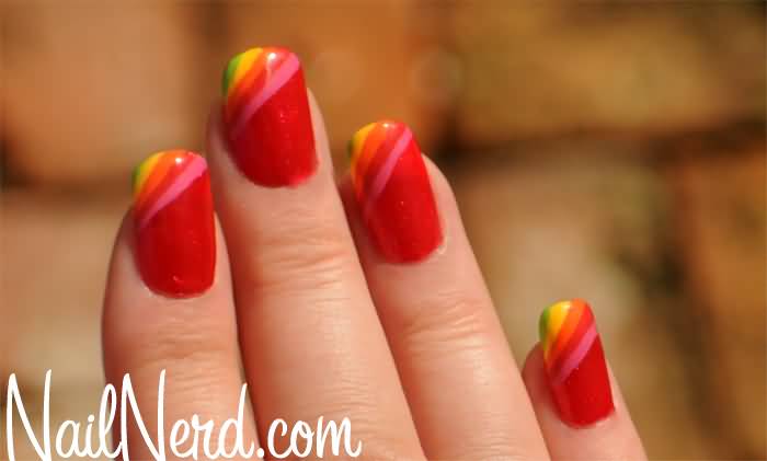 Rainbow And Red Nail Art