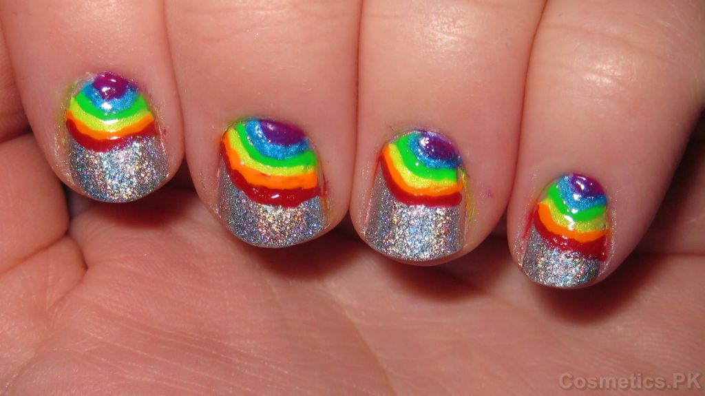 Rainbow Design And Glitter Short Nail Art