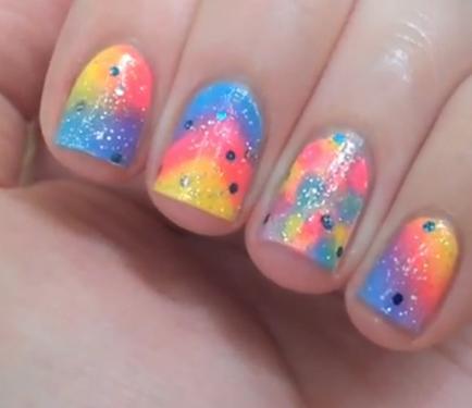 Rainbow Gradient Nail Art With Rhinestones Design