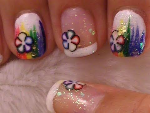 Rainbow With Fimo Slices Short Nail Art