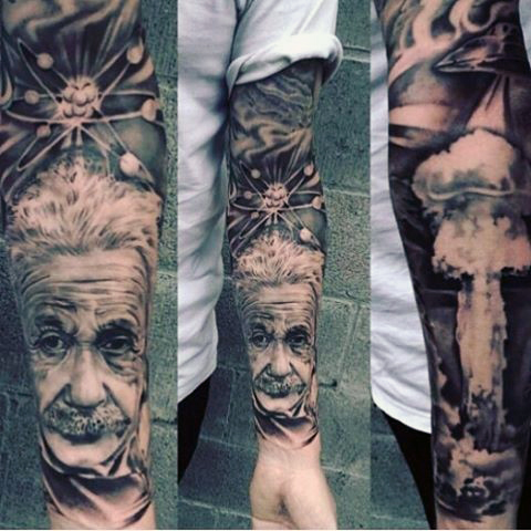 Realistic Albert Einstine Science Tattoo On Full Sleeve