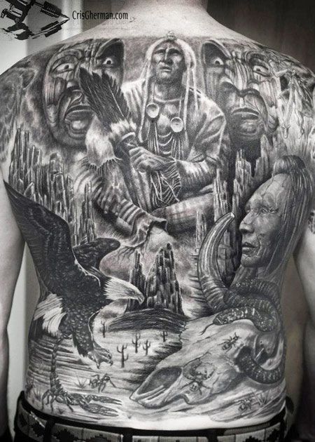Realistic Black Western Tattoo On Full Back By Cris Gherman