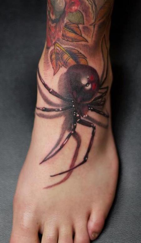 Realistic Black Widow Spider Tattoo On Foot
