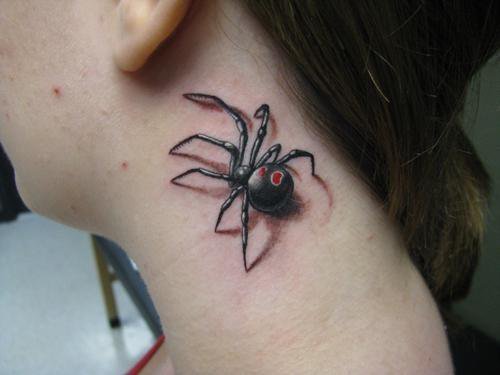 Realistic Black Widow Tattoo On Side Neck.