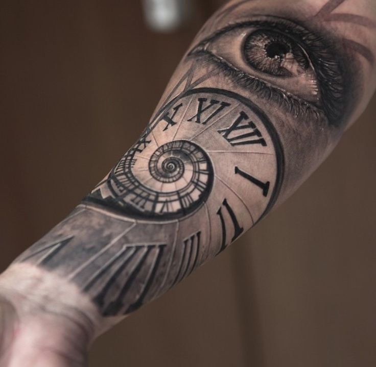 Realistic Clock With Eye Spiral Tattoo On Forearm