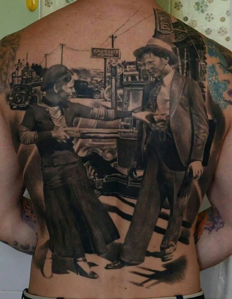Realistic Couples Bonnie And Clyde Western Tattoo On Full Back