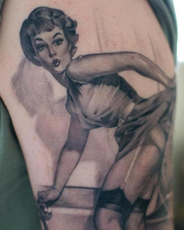Realistic Grey Pin Up Girl Tattoo On Left Half Sleeve