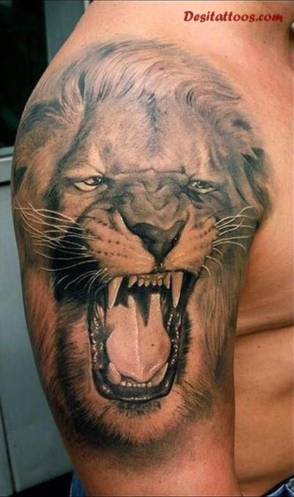 Realistic Lion Punjabi Tattoo On Right Half Sleeve For Men