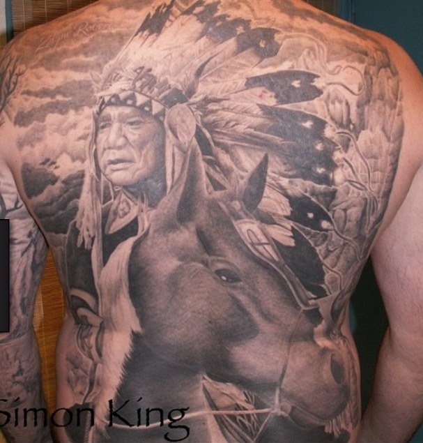 Realistic Native American Indian Western Tattoo On Full Back