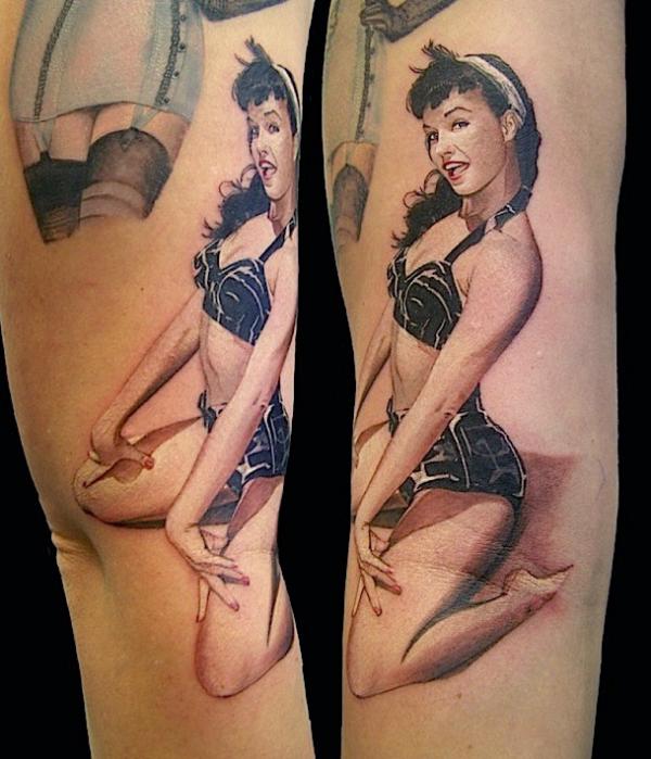 Realistic Pin Up Girl Tattoo On Sleeve