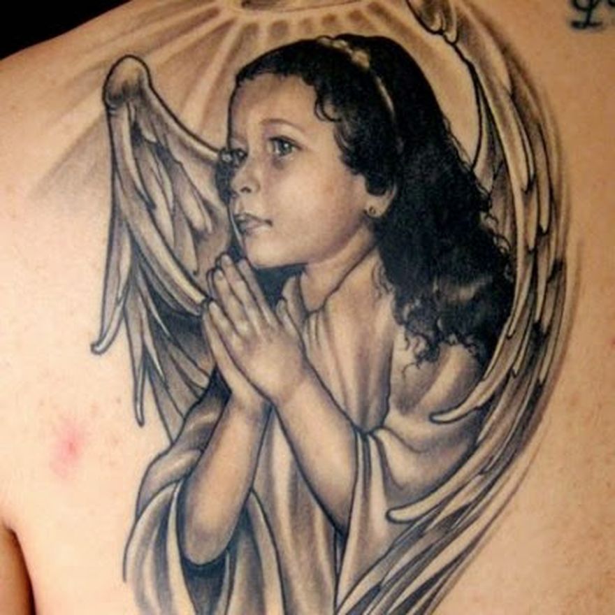 Realistic Praying Girl Angel Tattoo On Back