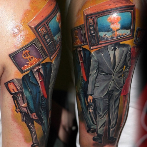 Realistic Television Headed Person Tattoo By Csabamullner