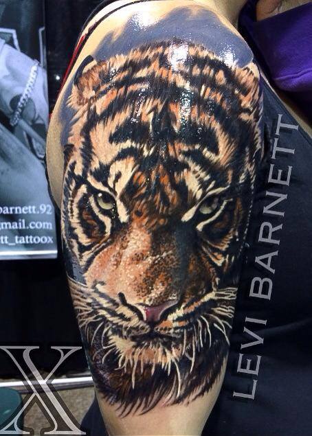 Realistic tiger tattoo on half sleeve by Levi Barnett