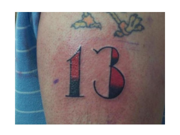 Red 13 Number Font Tattoo On Shoulder