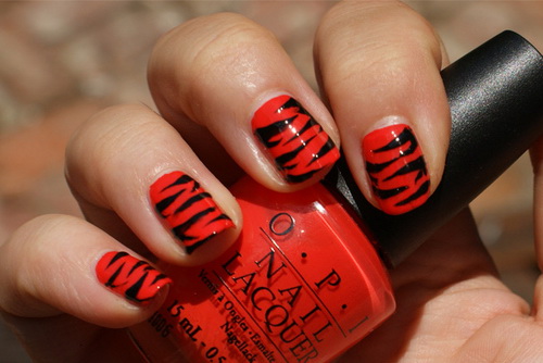 Red And Black Glossy Zebra Print Nail Art