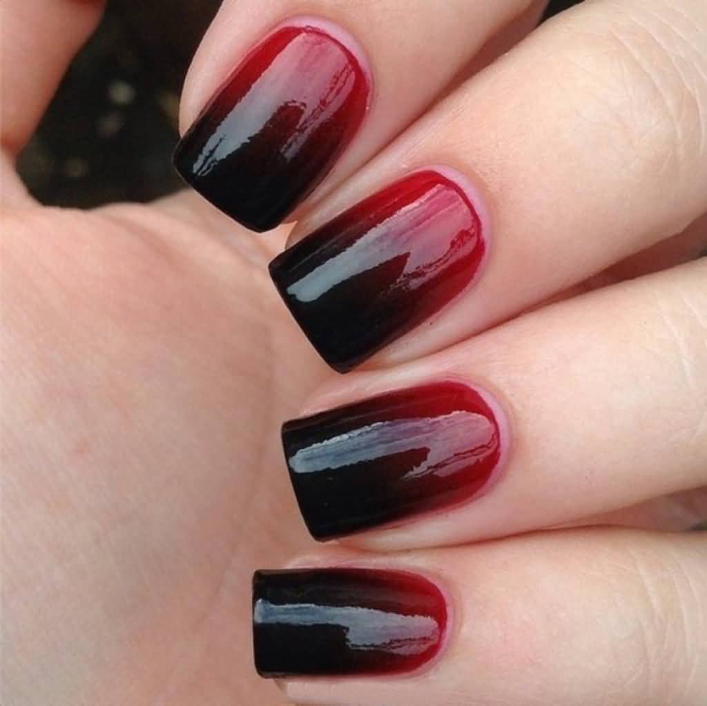 Red And Black Gradient Glossy Nail Art
