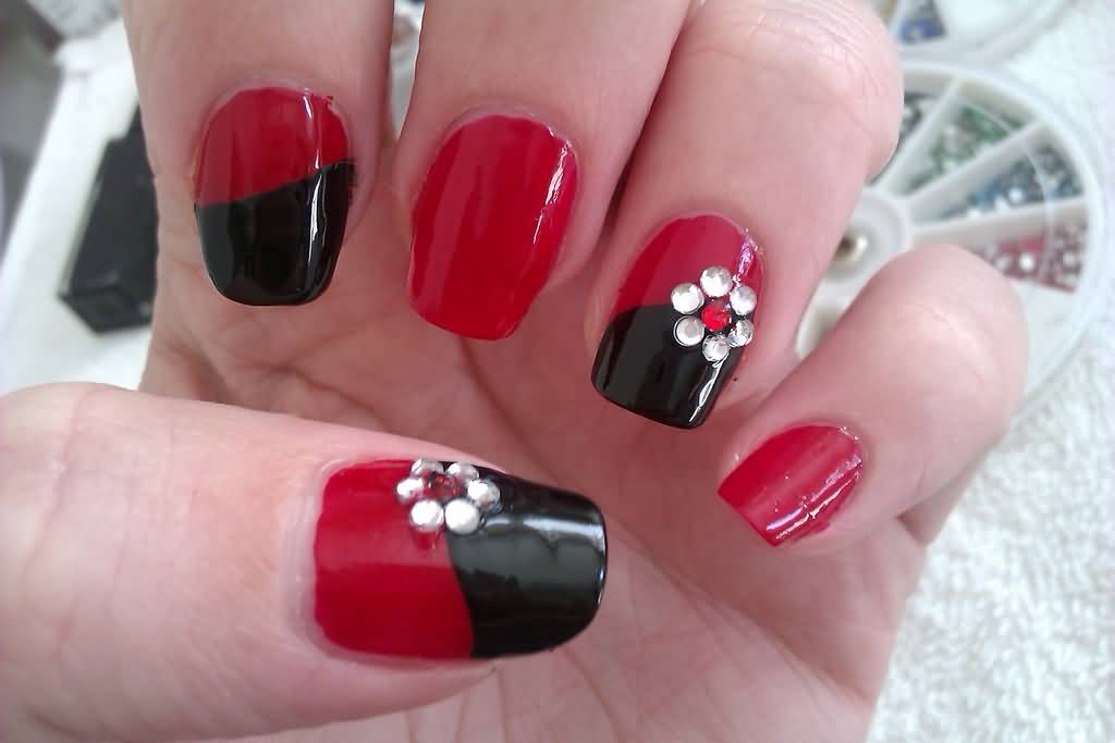 Red And Black Nail Art With Rhinestones Flower