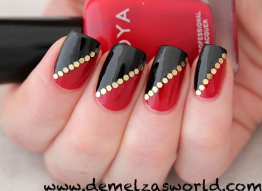 Red And Black Nails With Golden Dots Design Idea
