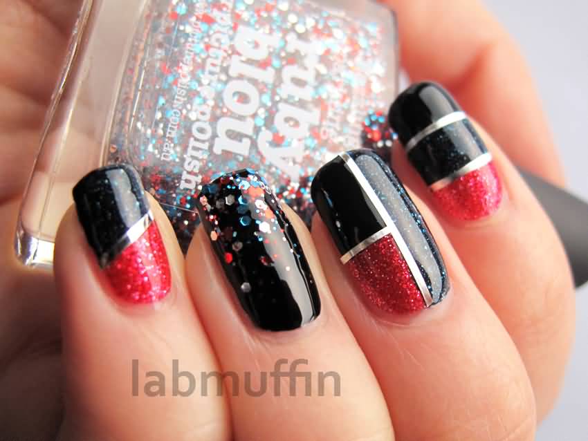 Red And Black Nails With Silver Striping Tape Nail Art