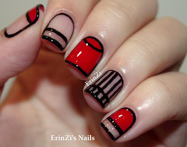 Red And Black Negative Space Nail Art Design Idea