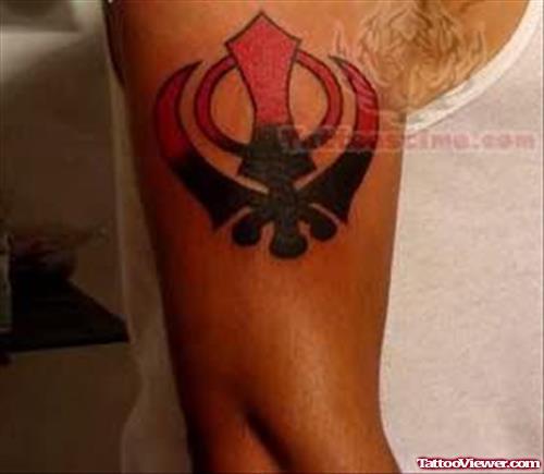 Red And Black Punjabi Khanda Tattoo On Right Half Sleeve