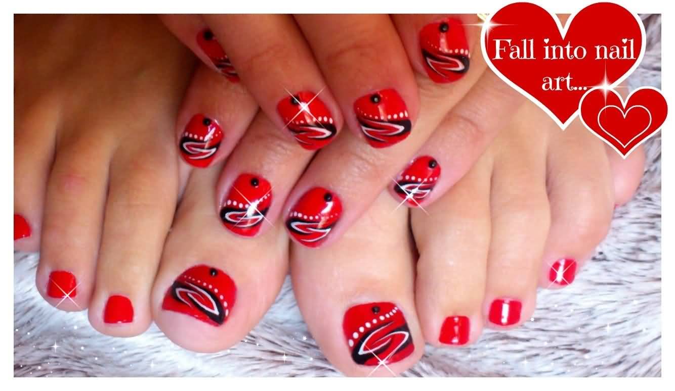 Red And Black Toe Nail Design Idea