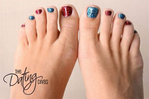 Red And Blue Glitter Gel Christmas Toe Nail Art