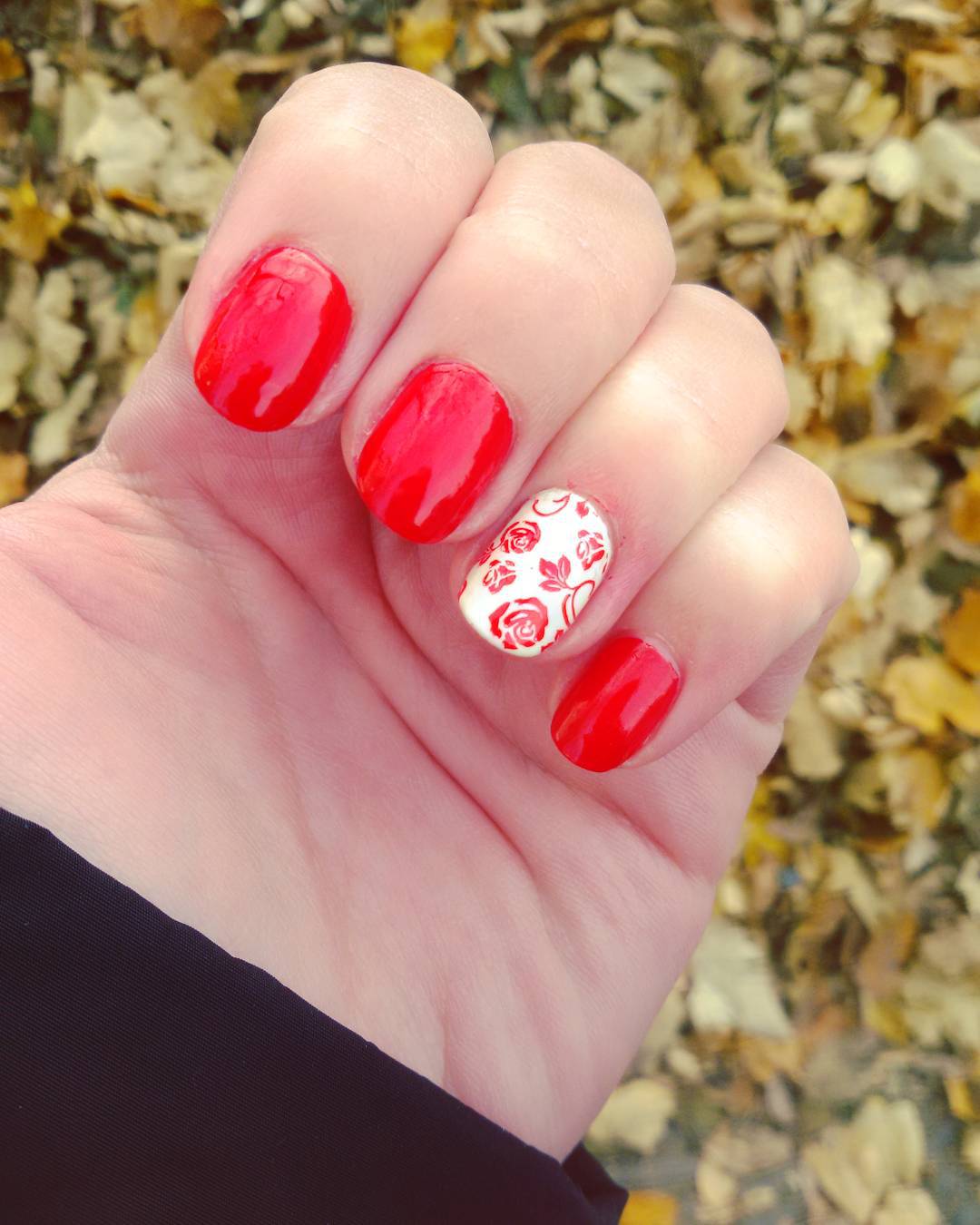 Red And Floral Design Accent Nail Art