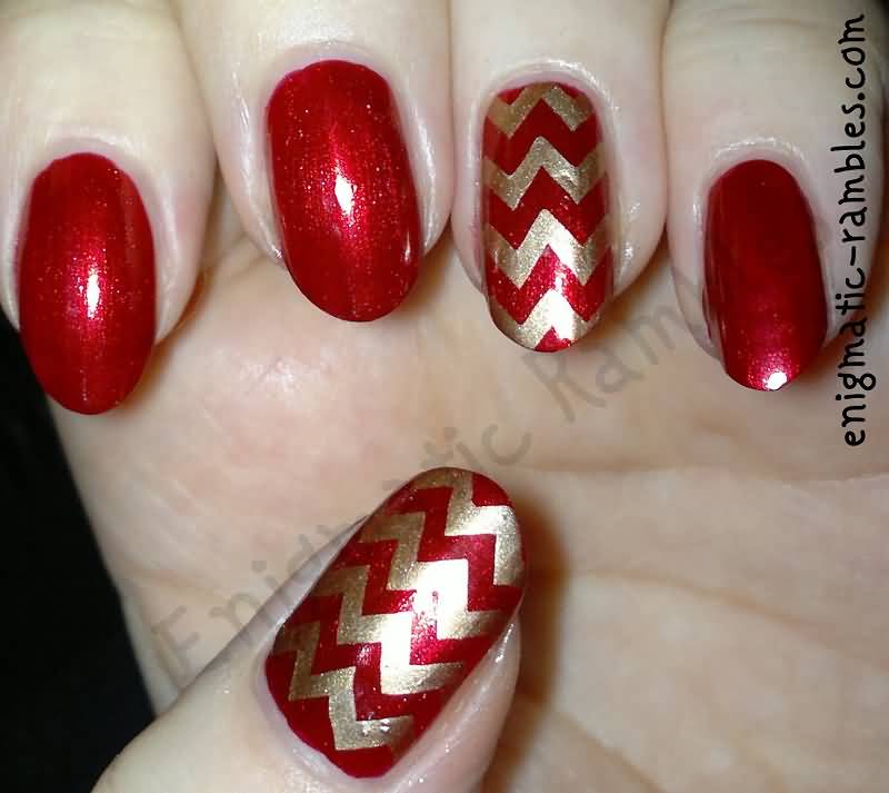 Red And Gold Chevron Design Nail Art