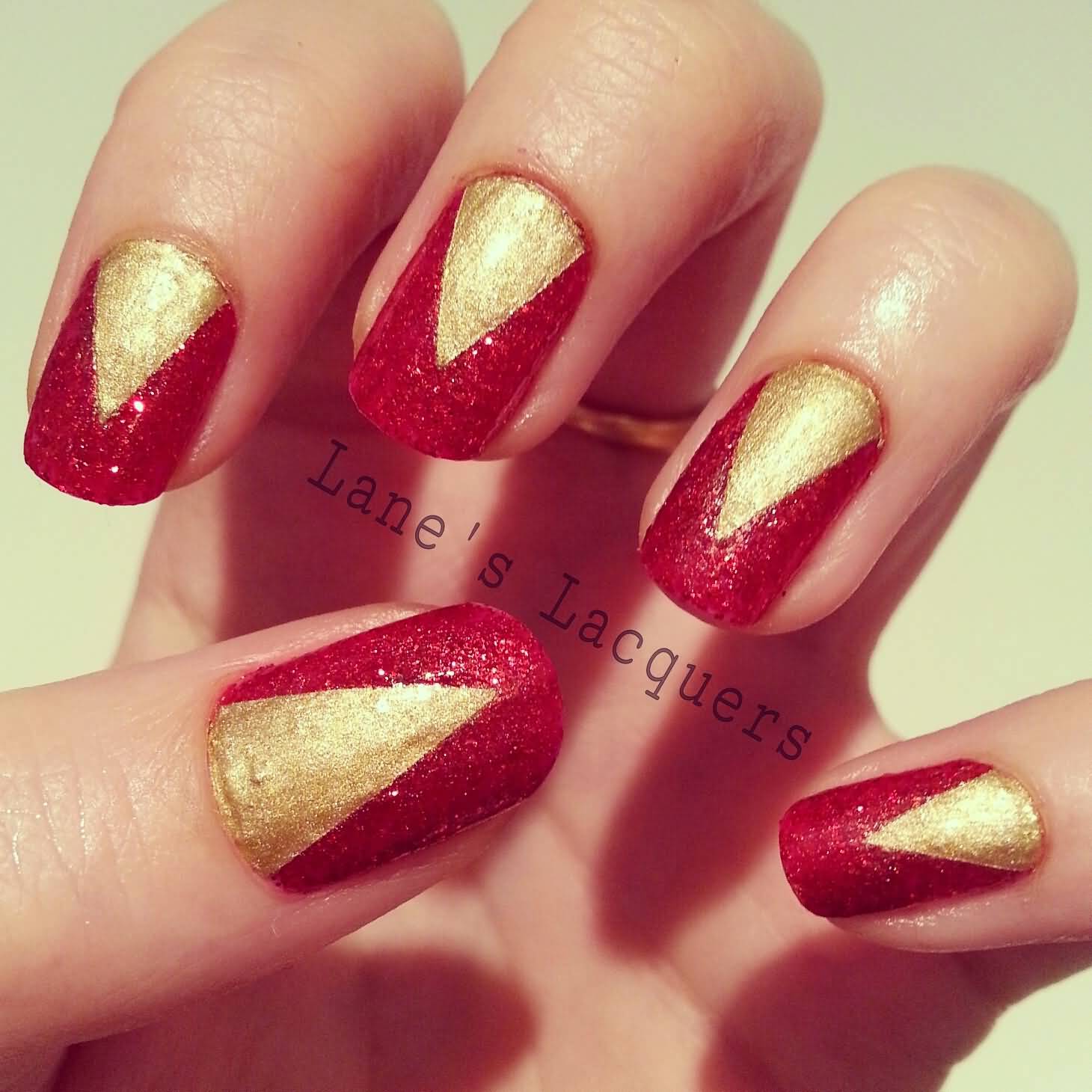 Red And Gold Chevron Nail Art Design