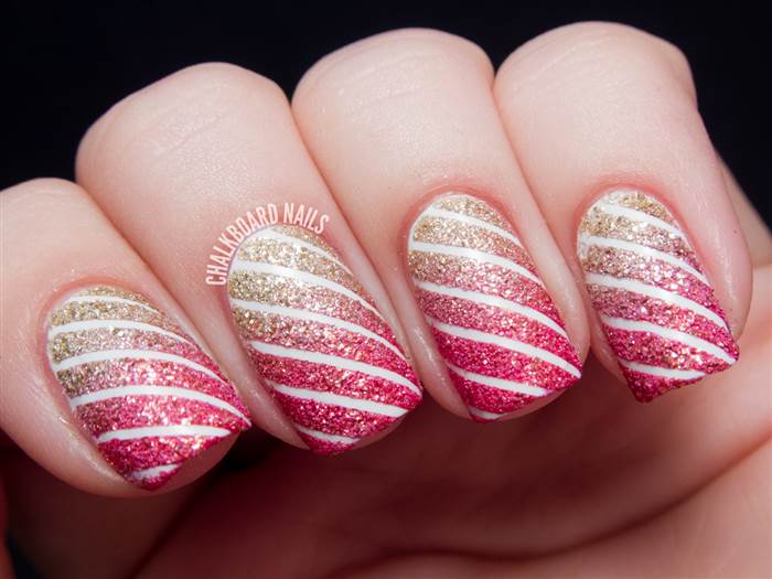 Red And Gold Glitter Diagonal Stripes Design Christmas Nail Art