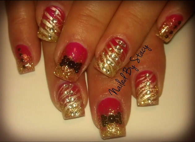 Red And Gold Nails With Black Caviar Beads Nail Art