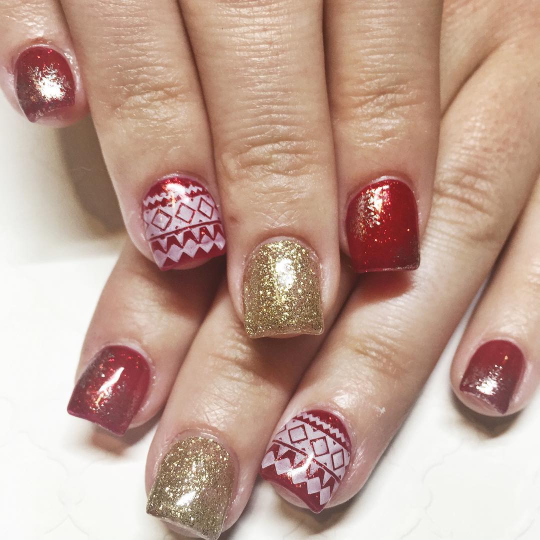 Red And Gold Short Acrylic Nail Art With Tribal Design Idea
