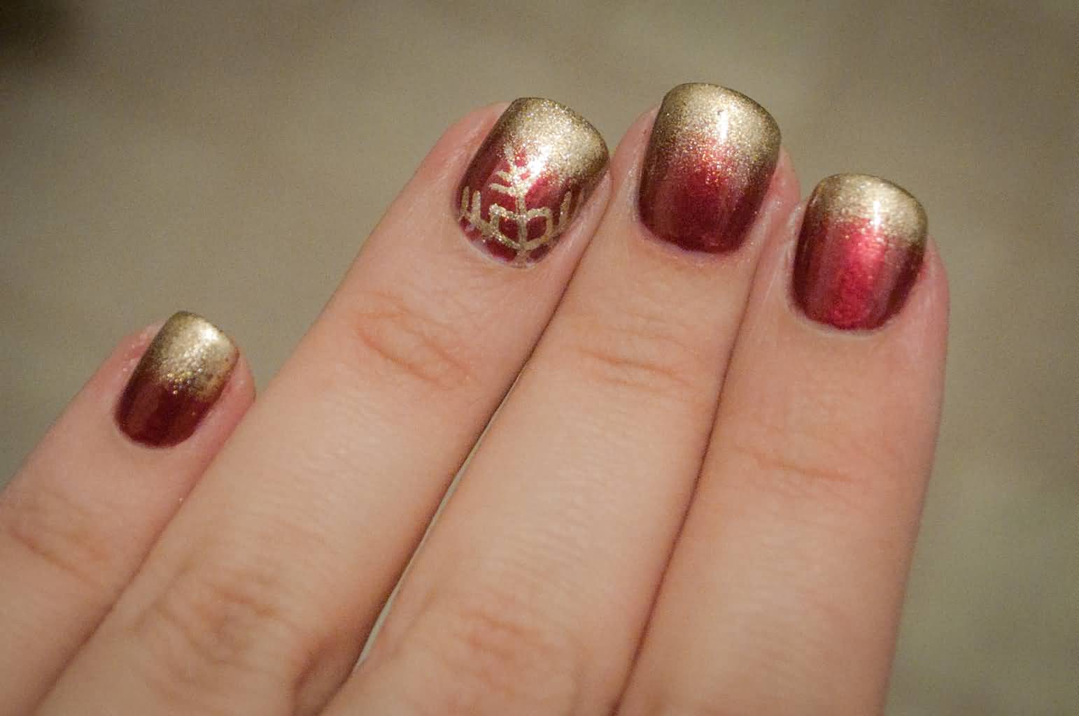 Red And Gold Snowflakes Design Nail Art