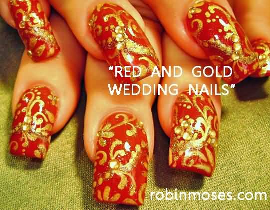 Red And Gold Wedding Nail Art