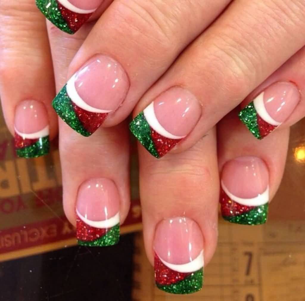 Red And Green Glitter Gel French Tip Nail Art