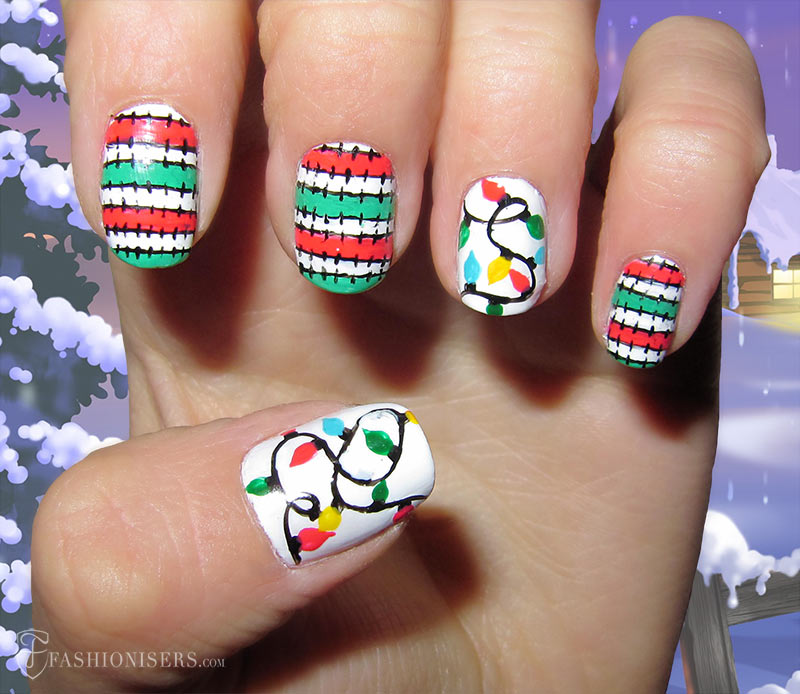 Red And Green Stripes And Christmas Lights Nail Art
