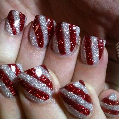 Red And Silver Glitter Candy Stripes Nail Art