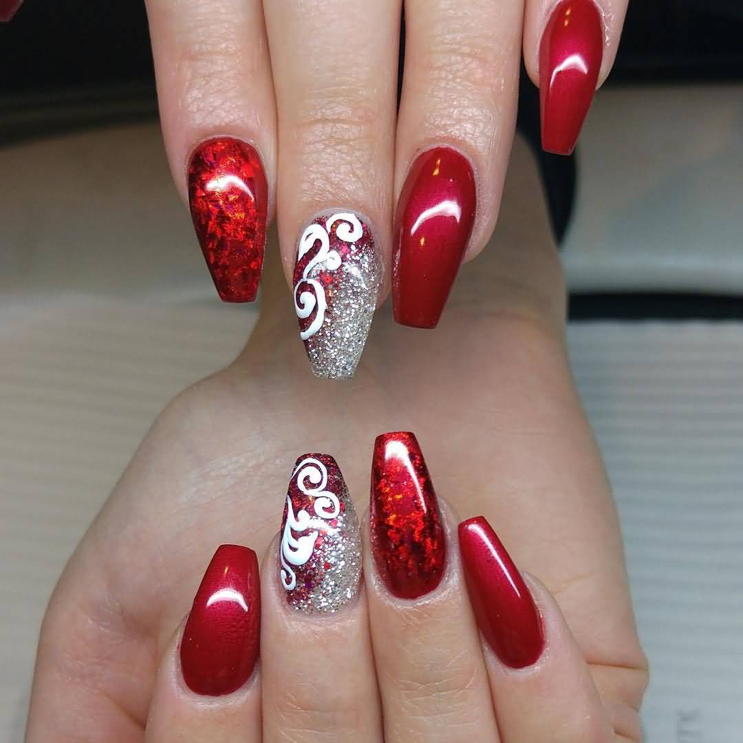 Red And Silver Glitter Gel Nail Art With White Lace Design For Wedding