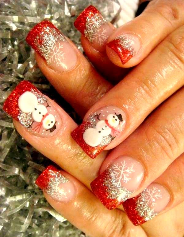Red And Silver Glitter With Snowflakes And Snowman Christmas Nail Art