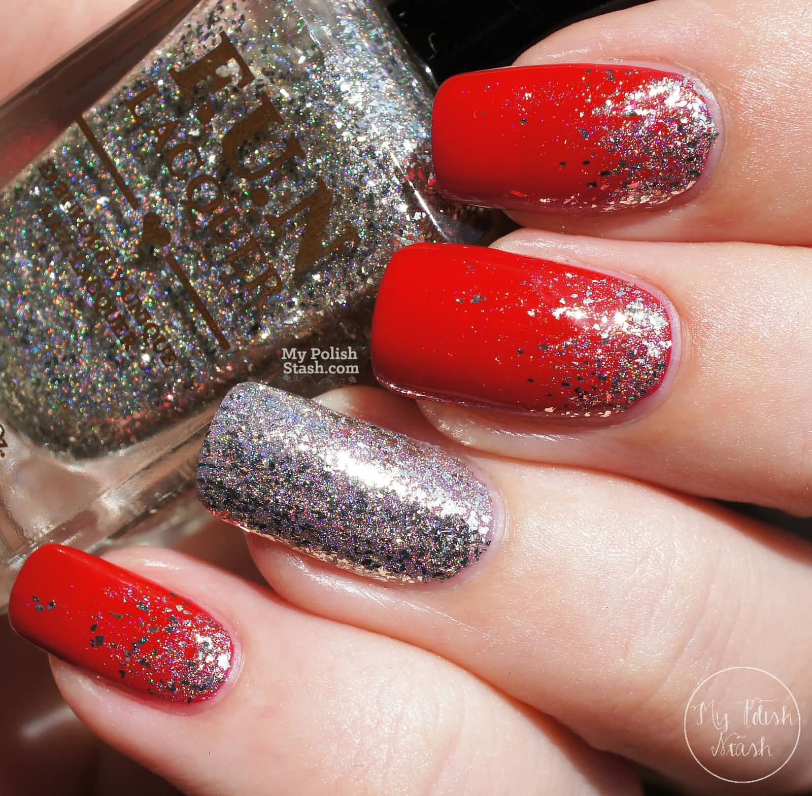 Red And Silver Gradient Glitter Nail Art